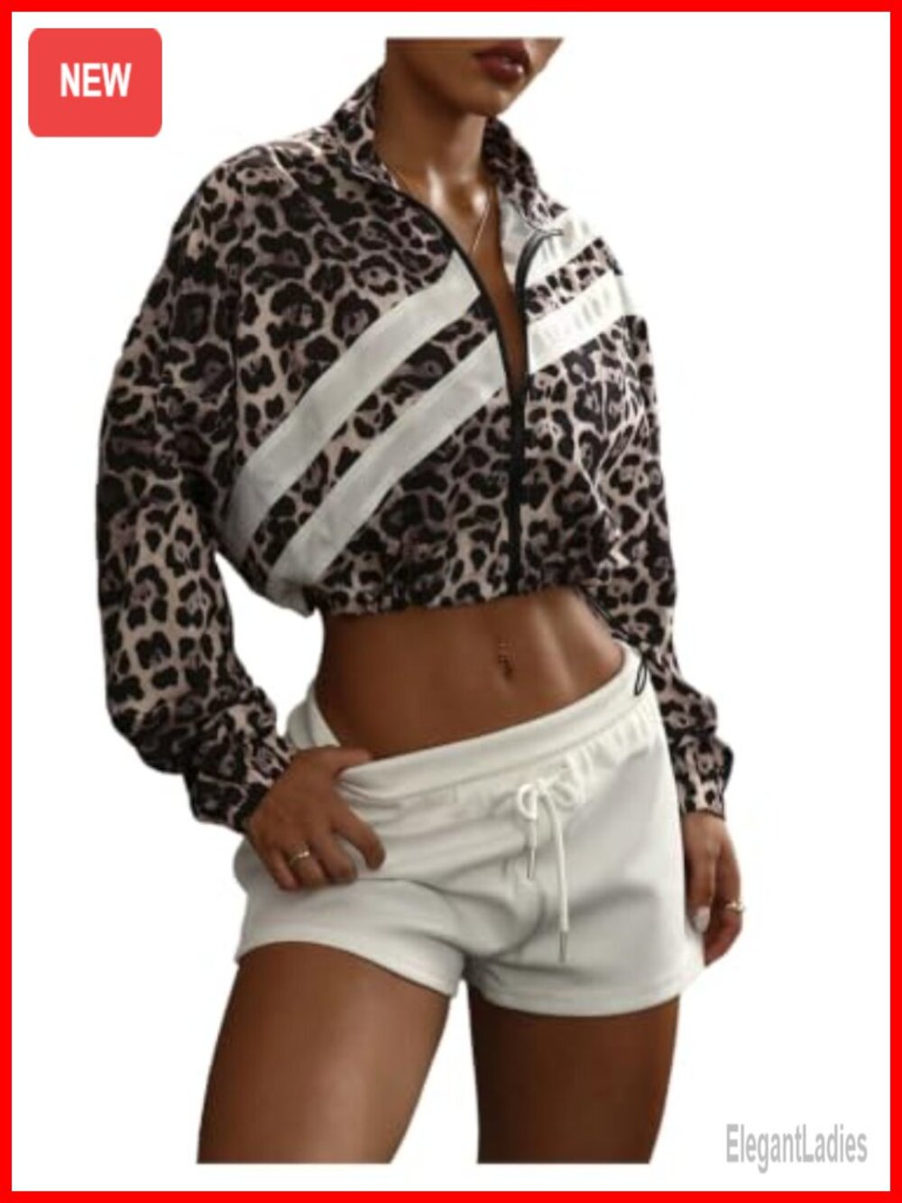 Women's Leopard Cropped Zip Up Jacket Lightweight Casual Streetwear